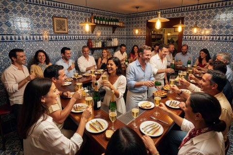 Traditional blue tiled walls inside Bar El Xampanyet filled with patrons enjoying sparkling Cava and salted anchovies
