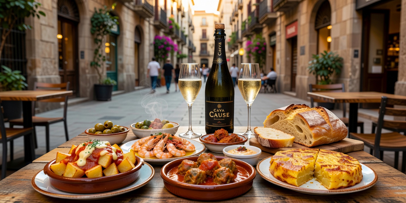 A vibrant table spread of authentic Spanish tapas, house Cava, and freshly baked artisanal bread in Barcelona