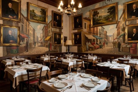 Historic dining room at Can Culleretes adorned with vintage oil paintings, murals, and classic table settings