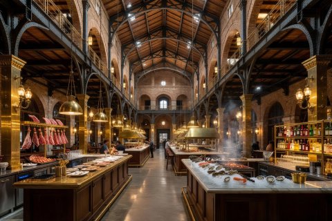 Grand interior view of El Nacional showing high vaulted industrial ceilings, ambient brass lighting, and culinary bars
