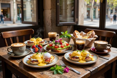Lush brunch table spread at Federal Cafe featuring avocado toast, Eggs Benedict, and organic flat whites