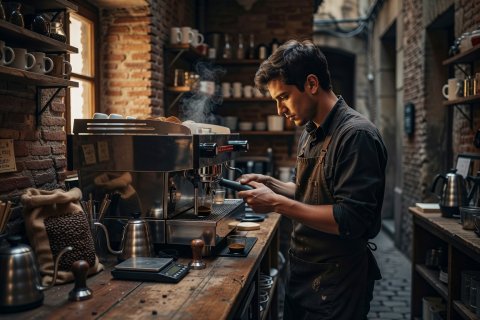 Barista preparing single-origin specialty espresso at Satan's Coffee Corner in the Gothic Quarter
